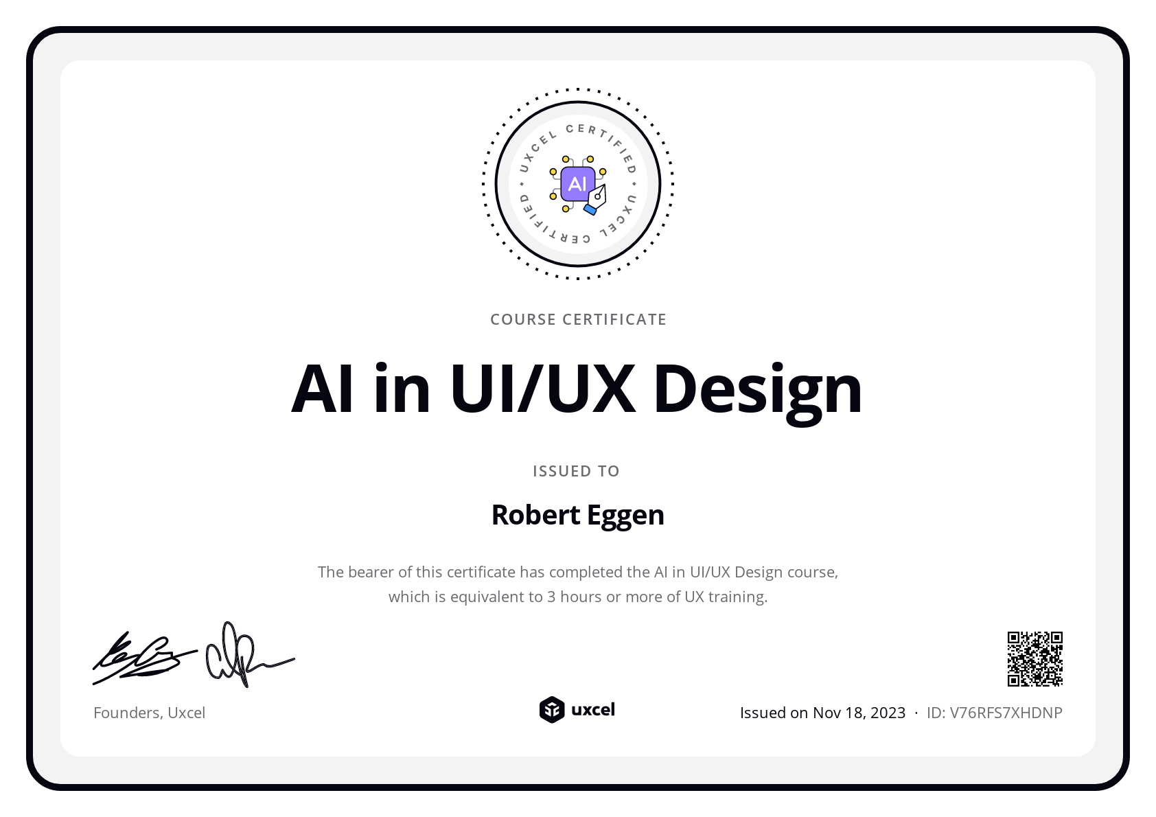 Robert Eggen's certificate